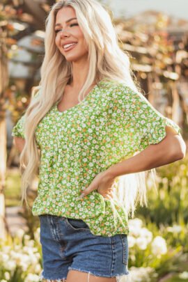 Green Floral Print Ruffle Sleeve V Neck Blouse Top Green Floral Print Ruffle Sleeve V Neck Blouse Top - Image 6