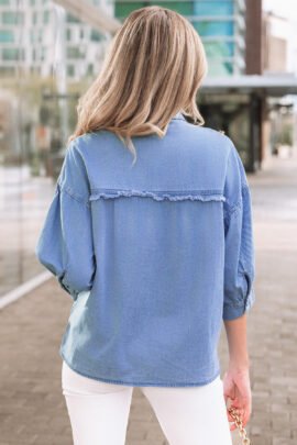 Myosotis Washed Drop Shoulder Bracelet Sleeve Chambray Shirt Myosotis Washed Drop Shoulder Bracelet Sleeve Chambray Shirt - Image 2