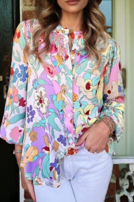 Pink Floral Print Patchwork Frilly Neckline Long Sleeve Shirt
