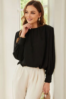 Black Padded Shoulder Buttoned Cuffs Pleated Loose Blouse - Image 3