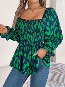 Leopard Print Smocked Square Neck Blouse Leopard Print Smocked Square Neck Blouse - Image 15
