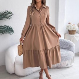 Long Sleeve Tiered Button Down Midi Shirt Dress with Pockets - Image 4