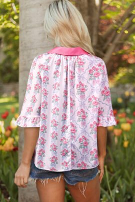 Purple Floral Collared Ruffled Half Sleeve Shirt Purple Floral Collared Ruffled Half Sleeve Shirt - Image 2