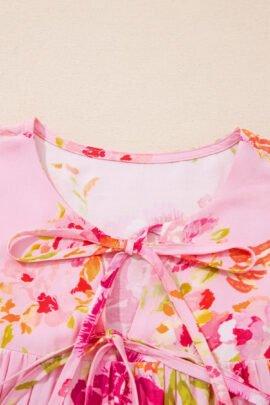 Pink Floral Print Tie Neck Puffy Half Sleeve Blouse - Image 7
