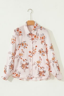 Apricot Floral Printed Silky Button Up Long Sleeve Shirt Apricot Floral Printed Silky Button Up Long Sleeve Shirt - Image 4