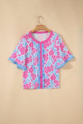 Rose Floral Print Ruffled Color Block Trim Half Sleeve Blouse - Image 3