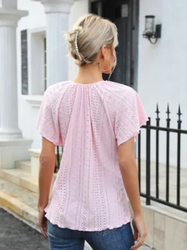 Eyelet Lace Tie Neck Flutter Sleeve Blouse Eyelet Lace Tie Neck Flutter Sleeve Blouse - Image 4