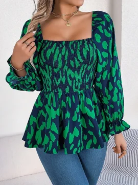 Leopard Print Smocked Square Neck Blouse Leopard Print Smocked Square Neck Blouse - Image 13