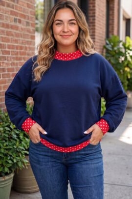 Racing Red Polka Dot Patchwork Round Neck Plus Size Sweatshirt - Image 14