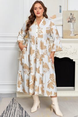 Khaki Patterned Ruffled Sleeve Half Placket Tiered A-line Plus Size Long Dress Khaki Patterned Ruffled Sleeve Half Placket Tiered A-line Plus Size Long Dress - Image 6