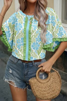 Rose Floral Print Ruffled Color Block Trim Half Sleeve Blouse - Image 4