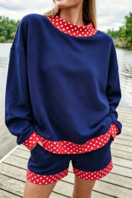 Dark Blue Polka Dot Trim Baggy Pullover 2pcs Short Set - Image 46