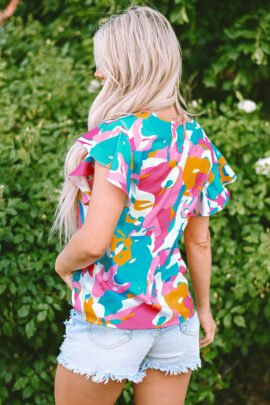 Multicolour Abstract Print Notched Neck Flutter Sleeve Blouse - Image 7