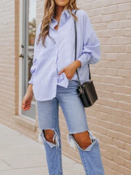 Striped Button Down Smocked Cuff Shirt - Image 5
