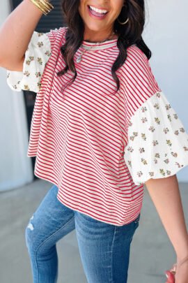 Red Stripe Floral Puff Sleeve Patchwork Round Neck Loose Top Red Stripe Floral Puff Sleeve Patchwork Round Neck Loose Top - Image 2