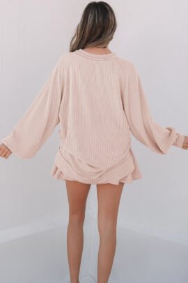 Sky Blue Corded Lantern Sleeve Top High Waist Ruffled Mini Skort Set - Image 8