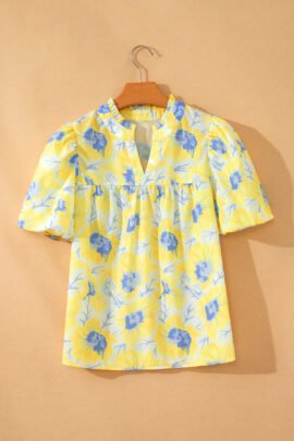 Pink Short Bubble Sleeve Summer Floral Blouse Pink Short Bubble Sleeve Summer Floral Blouse - Image 5