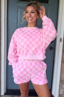 Dark Blue Plaid Checkered Long Sleeve Crop Top Elastic Waist Shorts Two Piece Set Dark Blue Plaid Checkered Long Sleeve Crop Top Elastic Waist Shorts Two Piece Set - Image 6