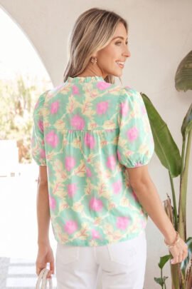 Pink Short Bubble Sleeve Summer Floral Blouse Pink Short Bubble Sleeve Summer Floral Blouse - Image 8