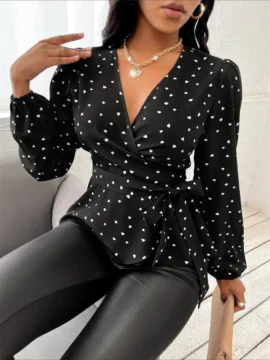 Heart Print Wrap Tie Peplum Blouse - Image 3