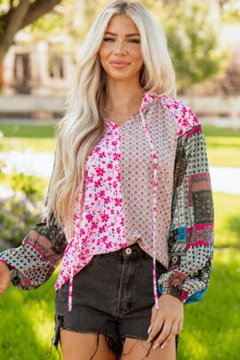 Pink Boho Mixed Floral Drop Shoulder Bubble Sleeve Blouse Pink Boho Mixed Floral Drop Shoulder Bubble Sleeve Blouse - Image 6