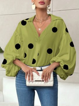 Polka Dot Half-Open Neck Loose Bubble Sleeve Long Sleeve Top Polka Dot Half-Open Neck Loose Bubble Sleeve Long Sleeve Top - Image 11