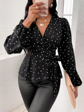 Heart Print Wrap Tie Peplum Blouse - Image 4