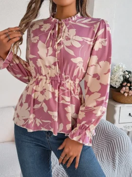 Floral Print Mock Neck Peplum Blouse - Image 3