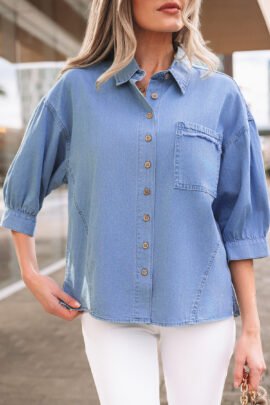 Myosotis Washed Drop Shoulder Bracelet Sleeve Chambray Shirt Myosotis Washed Drop Shoulder Bracelet Sleeve Chambray Shirt - Image 6