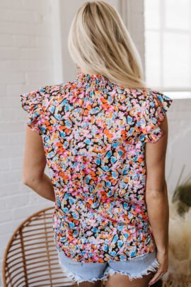 Orange Floral Print Flutter Sleeve Blouse Top - Image 2