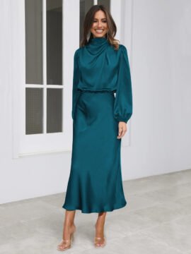 Elegant Temperament Long-sleeved Dress Satin Halterneck Formal Evening Dresses Women Clothing Elegant Temperament Long-sleeved Dress Satin Halterneck Formal Evening Dresses Women Clothing - Image 6