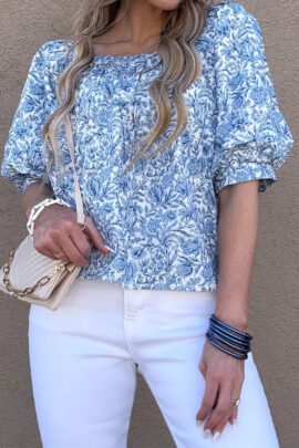 Sky Blue Square Neck Short Puff Sleeve Pleated Floral Blouse - Image 8
