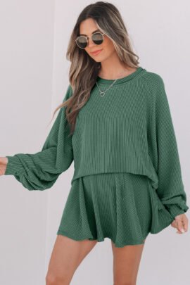 Sky Blue Corded Lantern Sleeve Top High Waist Ruffled Mini Skort Set - Image 12