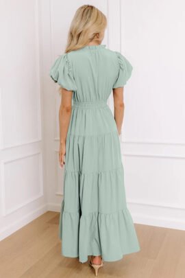 Bright Green Solid Color V Neck Short Puff Sleeve High Waist Tiered Maxi Dress Bright Green Solid Color V Neck Short Puff Sleeve High Waist Tiered Maxi Dress - Image 8