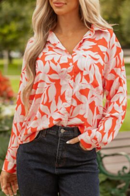Orange Botanical Print Single Chest Pocket Button Up Shirt - Image 8