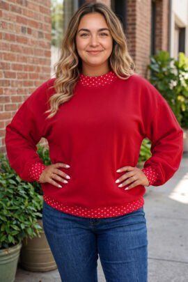 Racing Red Polka Dot Patchwork Round Neck Plus Size Sweatshirt - Image 49