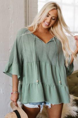 Laurel Green Tie Split Neck Textured Ruffle Patchwork Blouse - Image 4