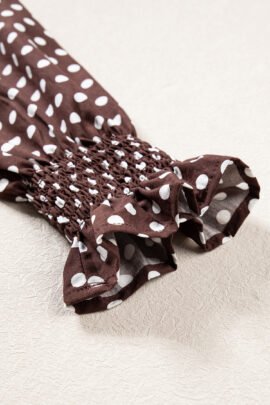 Brown Polka Dot Ruffled High Neck Shirred Ruffle Hem Blouse Brown Polka Dot Ruffled High Neck Shirred Ruffle Hem Blouse - Image 9