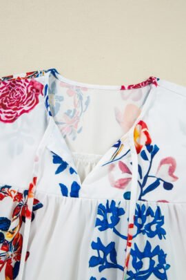 White Floral Print Tassel Tie Bracelet Sleeve Flowy Blouse - Image 5