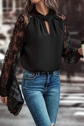 Black Keyhole Neckline Floral Lace Raglan Sleeve Blouse Black Keyhole Neckline Floral Lace Raglan Sleeve Blouse - Image 5