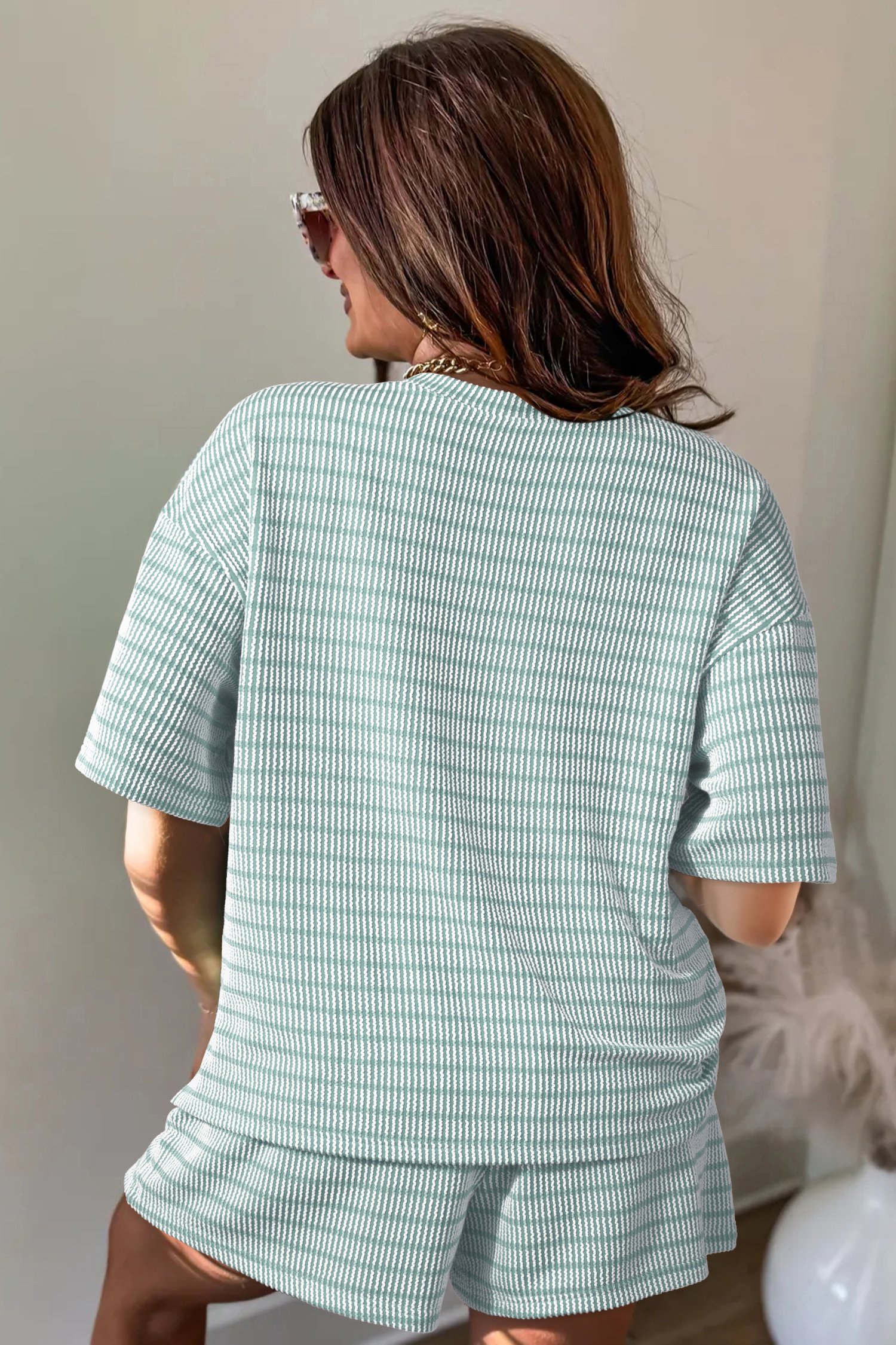 Rose Stripe Raised Rib Loose Tee Drawstring Elastic Waist 2pcs Short Set Rose Stripe Raised Rib Loose Tee Drawstring Elastic Waist 2pcs Short Set - Image 11