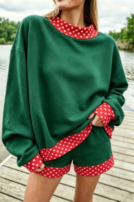 Dark Blue Polka Dot Trim Baggy Pullover 2pcs Short Set - Image 13