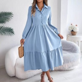 Long Sleeve Tiered Button Down Midi Shirt Dress with Pockets - Image 3
