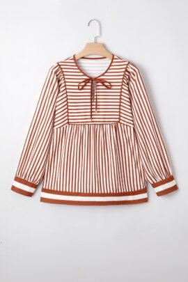Brown Stripe Babydoll Long Sleeve Blouse Brown Stripe Babydoll Long Sleeve Blouse - Image 4