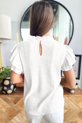 Rose Red Solid Color Textured Ruffle Trim Short Sleeve Blouse Rose Red Solid Color Textured Ruffle Trim Short Sleeve Blouse - Image 5