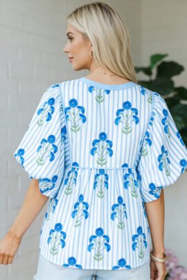 Sky Blue Floral Print Tie Neck Puff Sleeve Blouse Sky Blue Floral Print Tie Neck Puff Sleeve Blouse - Image 4