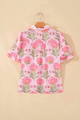 Pink Sweet Blooms Ruffle Striped Trim Puff Sleeve Shirt Pink Sweet Blooms Ruffle Striped Trim Puff Sleeve Shirt - Image 4