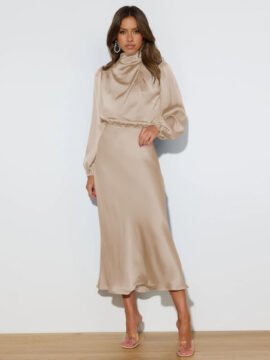 Elegant Temperament Long-sleeved Dress Satin Halterneck Formal Evening Dresses Women Clothing Elegant Temperament Long-sleeved Dress Satin Halterneck Formal Evening Dresses Women Clothing - Image 9