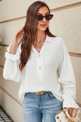 White Ruffle Elastic Cuffs Puffy Long Sleeve Button Down Shirt - Image 5