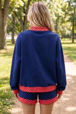 Dark Blue Polka Dot Trim Baggy Pullover 2pcs Short Set - Image 50